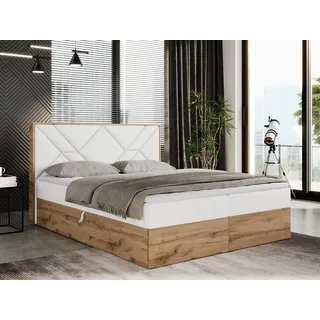 MKS Meble Boxspringbett 140x200 mit Bettkasten, Polsterbett 140x200 mit Matratze H4, Boxspringbett 140x200 mit Kopfteil, Boxspringbett mit Massivholz - Gunar - Weiß Kunstleder - H4 - Weiß