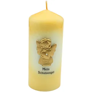 Dekohelden24 Schutzengelkerze, Stumpenkerze, Tischkerze, Dekokerze, Zierkerze, Taufkerze, Formkerze mit goldenem Schutzengel und Aufschrift Mein Schutzengel, in Creme, H/Ø: 15 x 6 cm.