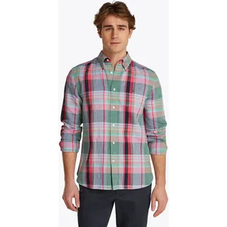 Langarmhemd TOMMY HILFIGER "LINEN BLEND MADRAS CHECK", Herren, Gr. L, N-Gr, grün (fort grün, multi check), Web, Obermaterial: 57% Baumwolle, 43% Leinen, Manschette, Hemden Langarmhemd