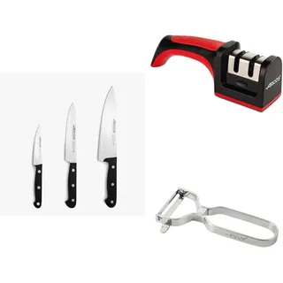 Arcos Kitchen Essentials Set - 5-teiliges Küchen-Starterkit: 3-teiliges Universal Messer-Set (Chefmesser, Küchenmesser, Spickmesser), Manueller Messerschärfer und Profi-Gemüseschäler - Premium