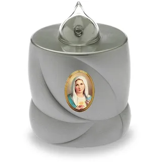 AROBA LED Grabkerze Trauerlicht - Flackereffekt wie echte Kerze - lange Brenndauer bis 200 Tage - wiederverwendbar Friedhofskerze Gedenkkerze Dauerkerze - silber Heilige Maria