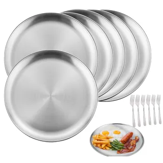 Mornly 6x Edelstahl Teller 20cm + 6x Grillgabel Set – Premium Camping Geschirr & Edelstahl Platten für Küche, Gartenparty & Outdoor