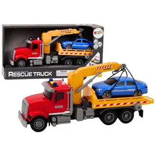LeanToys Abschleppwagen mit Kran und Auto, Licht, Sound und Rückziehantrieb, Rot