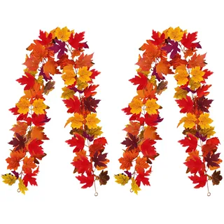2 Stück Künstliche Herbstgirlande, 173cm Ahorn Blätter Girlande Herbstdeko Gefälschte Herbstblätter Deko Hängende Rebe Girlande Herbst Dekoration für Haus Garten Wand Kamin Herbst Deko
