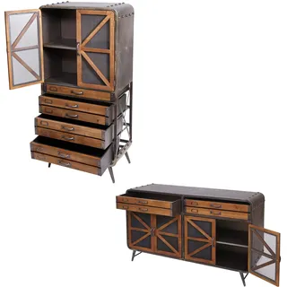 Mendler Wohnzimmer-Set HWC-F91, Sideboard Kommode Highboard Hochschrank, Industrial Tanne Holz Metall, braun-schwarz