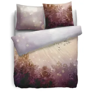 HnL Satin Bettwäsche Blätter Vögel Fairy Modern Rose 135x200 cm + 80x80 cm - Rosa