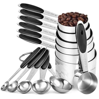 U-Taste Messbecher und Messlöffel Set, 18/8 Edelstahl, 12 Stück, Schwarz | Griff mit Verbesserter Dicke, Amerikanisch