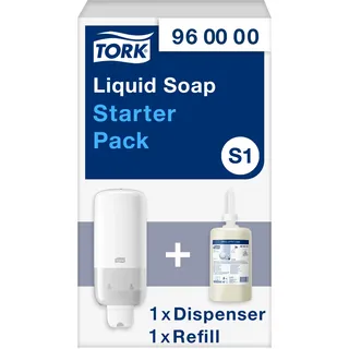 Tork Starter Pack mit Flüssig- und Sprayseifen Seifenspender Wandmontage Weiß S1/S11, sparsam, Seifenspender Wandmontage und 1 נNachfüllpackung mit 1.000 ml milder Flüssigseife, 960000