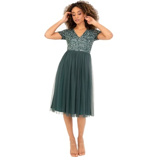 Maya Deluxe Damen Midi-Kleid mit V-Ausschnitt, Verziert Brautjungfernkleid, Emerald Green, 40