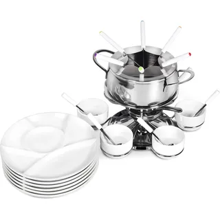 Ribelli Fondue Set 28-teilig Edelstahl 6X Gabel, Löffel, Teller, Schälchen Käsefondue Fleischfondue 6 Personen