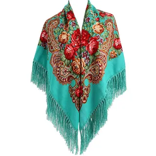Gudessly Damen Traditioneller Schal mit Fransen und Quaste - Retro Blumenponcho Druck, Grün, Einheitsgröße