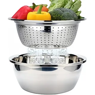 Edelstahl Seiher und Schüsselset Küchensieb Nudelsieb Reis Waschschüssel Salat-Sieb Rührschüssel Set, Stapelbares Edelstahl Schüsselset Ø 26cm