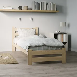 Holzbett 100x200 cm mit Lattenrost Modern Bett Bed Kiefer Massiv Bettgestell Einzelbett Massivholzbett Klassisch | Boho Landhaus Kopfteil hoch natur - Naturbelassen
