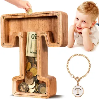 Summidate Spardose für Kinder Junge, Personalisiert Holz Großes Sparschwein, Unzerbrechliches Buchstabe A-Z Sparbüchse für Kinder Mädchen, Erwachsene, Geschenk&Dekoration