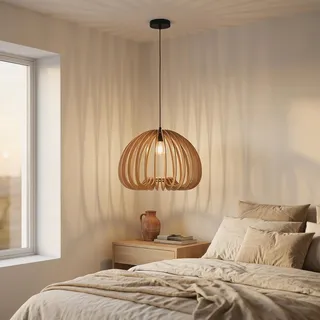 Barcelona LED Pendelleuchte Holz MARGE Ø45cm E27 – Skandinavisches Design aus MDF, Naturholz Optik, Höhenverstellbar, Ambientebeleuchtung für Wohnzimmer, Esszimmer und Schlafzimmer