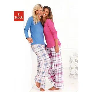 Schlafanzug ARIZONA, Damen, Gr. 36/38, bunt (blau kariert, pink kariert), Single Jersey, Obermaterial: 100% Baumwolle, kariert, unifarben, Basic, lang, Rundhals, abgerundeter Saum, Homewear-Sets Schlafanzug, mit Hose im Karodesign