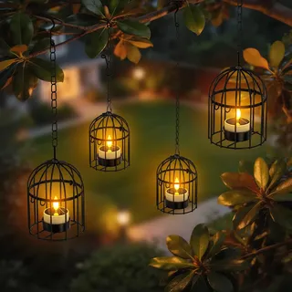 SoulBay Laternen mit Solar Teelichter Outdoor Wasserdicht für Außen 4er Set | Solar Kerzen & Outdoor Laterne Solarlampen Hängend Gartenlaterne mit Haken Kette für Draußen Balkon Deko, 2 Große 2 Kleine