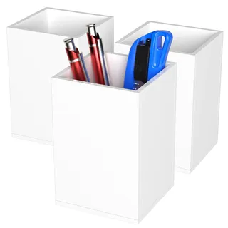AITEE Weiß Acryl Stifthalter: 3 Stück Bleistifthalter Schreibtisch Organizer Quadrat Stifttopf Make-Up Pinselhalter für Büro, Schule, Haushaltsbedarf (7,6 x 7,6 x 10,9 cm)