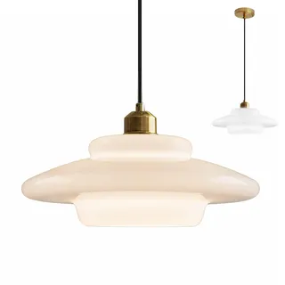 XIRYTU-H Mid-Century Milchglas-Pendelleuchte mit goldfarbenem Metallhalter, Vintage Hängelampe für innen, E27 Deckenleuchte für Kücheninsel, Esszimmer, Wohnzimmer (Weiß, A)