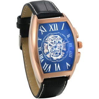 JewelryWe Herrenuhr Analog Automatik Uhr Automatische Mechanische Leder Band Totenkopf Schädel Skelett Armbanduhr Automatikuhr mit Rechteckig Römischen Ziffern Zifferblatt, Rosegold