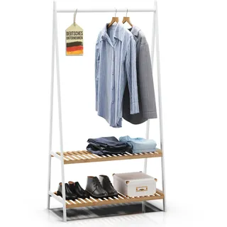 RoyalGrove® Kleiderständer mit 2 Ablagen aus Bambus weiß, Garderobenständer mit stabiler Kleiderstange, Garderobe mit Schuhregal, für Flur, Schlafzimmer, 160 x 80 x 44 cm (Weiß)