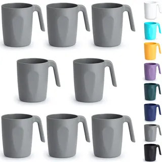 Berglander Graue Plastik Kaffeetassen Set 8er 450ml, Kunststoff Kaffeebecher mit Griffen mehrweg, Wasserbecher, leicht zu tragen, ideal für Zuhause, Garten, Picknick, Camping, Outdoor