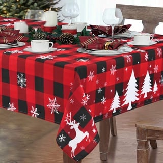 Yrendenge Weihnachten Tischdecke Abwaschbar, Polyester Lotuseffekt Fleckschutz Tischtuch Rot und Schwarz Kariert Rechteck Tischwäsche Weihnachtsbaum Tischdekor für Küche Feiertag Party 152x305cm