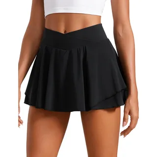 CRZ YOGA Damen Tennis Rock mit Hose Tennisrock Crossover High Waist Skort Golfrock Wanderrock Skater Sport Hosenrock Schwarz 38