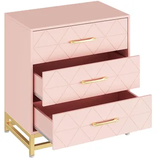 IDEALHOUSE Moderne Schubladenkommode für Schlafzimmer - 3 breite Schubladen, robuste MDF-Konstruktion, Metallgriffe in Gold, viel Stauraum, auch als Nachttisch - Rosa