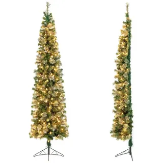 Costway Künstlicher Halber Weihnachtsbaum Beleuchtet, Tannenbaum mit 150 LED-Lichtern, Eck-Christbaum mit Metallständer, Kunstbaum Weihnachten,