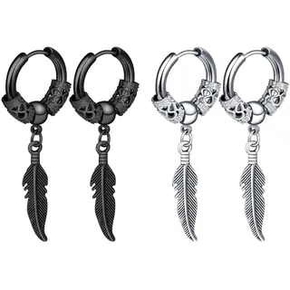 feilok 2 Paar Edelstahl Creolen-Ohrringe Männer Ohrstecker Ohrringe für Damen mit Anhänger Feder Drache Hohl