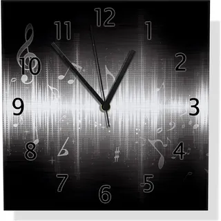 Wallario Design Wanduhr Noten der Musik in schwarz und weiß aus Aluverbund, Größe 30 x 30 cm - Schwarz