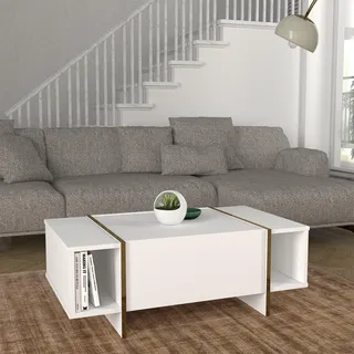 Couchtisch 'Tavak' Wohnzimmertisch 104x60x38 cm mit 1 Schrankfach und 2 offenen Fächern Weiß/Gold - Weiß