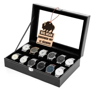 BigDean Uhrenbox für 12 Uhren mit Glasdeckel Box für Armbanduhren | Schicke Uhren Box Herren Watch Box Uhrenaufbewahrung