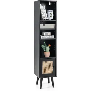 FANTASK Badezimmerschrank mit 4 Ablagen, Badschrank Rattan, Toilettenschrank Boho mit Holzbeine und Rattantür, Kommode schmal, 29,5 x 29,5 x 137cm, schwarz