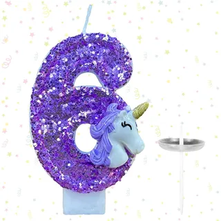 Ovanda Kerze 6 Geburtstag Mädchen, Einhorn Tortendeko Kerze 6 | 3D Regenbogen Einhorn Geburtstagskerzen, Kerzen Zahlen 6 Lila, Geschenk Mädchen 6 Jahre, Einhorn Deko Kindergeburtstag 6