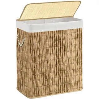 21Bamboo Wäschekorb 90L aus Rattan – 2-Fächer Wäschesammler mit Deckel & herausnehmbarem Wäschesack – Stabiler, faltbarer Wäschebehälter für Bad, Schlafzimmer & Waschküche, 46x33x60 cm