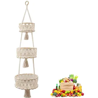 LWZko Obstkorb Hängend 3 Etagen, Obst Hängekorb, Boho, Hängekorb Küche Vintage, Handgewebter Obstkorb Hängend aus Baumwollseil für Kann in Küchen, Wohnzimmer, Esszimmer, Terrassen