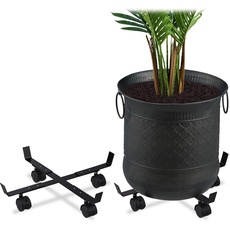 Relaxdays Pflanzenroller ausziehbar, 2er Set, innen & außen, Rolluntersetzer für Blumentopf bis 43 cm Ø, Metall, schwarz, 2 Stück