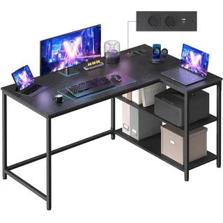 VASAGLE Eckschreibtisch in L-Form, Computertisch, 120 x 80 cm | mit Stauraum, höhenverstellbare Ablage, 2 AC-Steckdosen und 2 USB-Anschlüssen, ebenholzschwarz, BARNET Kollektion LWD132BE01