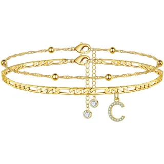 TINGN Fussketten für frauen, Gold Fußkettchen für Damen Fußkette mit CZ Buchstaben C Doppelte Verstellbar Fußketten Frauen Mädchen Tochter Freundin Personalisierte Geschenk