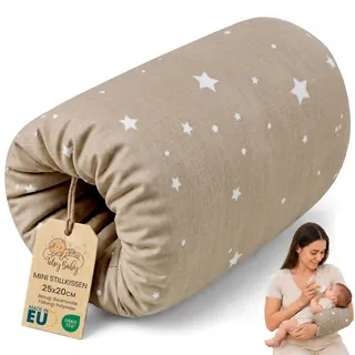 Stillkissen klein Stillmuff Ø20cm – Ministillkissen Baby Arm-Stillkissen Arm Kissen für unterwegs Reisestillkissen Baumwolle Beige mit Weiß Sternen