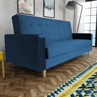 Schlafsofa im skandinavisches Stil Bamako Polstersofa mit Holzbeine Sofa mit Schlaffunktion Bettkasten Couch aus Velour, Farbe: Marineblau, Kronos 09 - Blau