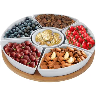 MoYouno Drehbares Dip-Set,Lazy Susan Dip Set,Snackteller,Keramik Serviertablett mit Bambusplatte,geteilte Servierplatte mit 6 Schalen aus weißem Porzellan, für Vorspeisen, Obst,Süßigkeiten