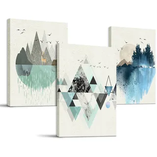 hyidecorart Abstrakte Bilder, Grün und Blau Geometrische Berg Landschaft Leinwand Wandkunst, Modern Nordischer Minimalistisch Wandbilder Wohnzimmer Schlafzimmer Esszimmer Badezimmer(30CM x 40CM x 3)