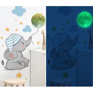 WandSticker4U®- XXL Wandsticker ELEFANT + LEUCHT MOND (70x75 cm) I Wandtattoo leuchtend Mond Leuchtsticker Kinderzimmer I Wand Deko Babyzimmer Mädchen & Junge Sterne Wolken Aufkleber GROß