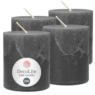 DecoLite Stumpenkerzen Rustik 7x8 cm, 25h Brenndauer, 4er Set, Anthrazit