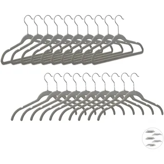 Relaxdays Kleiderbügel Samt, platzsparende Bügel, rutschfester Velourbezug, Haken 360° drehbar, Anzug, 20er Set, grau