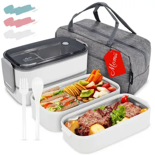 Premium Lunchbox Erwachsene und Kinder inkl. Tragetasche und Besteck Bento box Edelstahl mit Fächern Brotdose Kindergarten Lunch Jausenbox Brotdosen Bananenbox (Weiß)