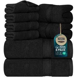 Utopia Towels - 8 teilig Handtücher Set aus Baumwolle mit Aufhänger - 2 Badetuch, 2 Handtücher und 4 Washclappen - (Schwarz)